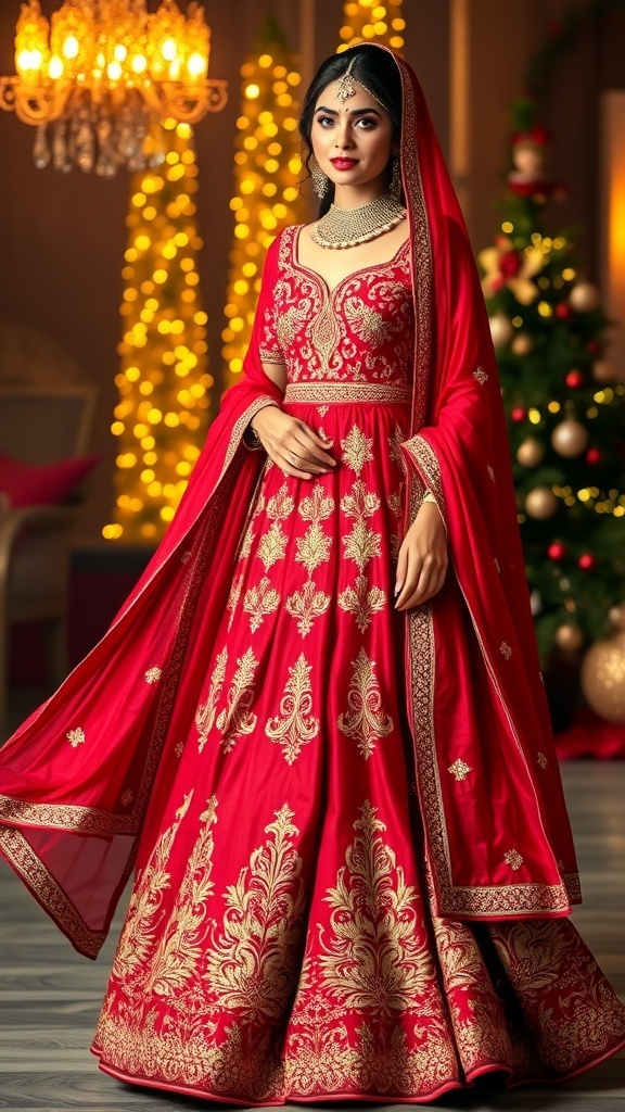 Classy Indian Christmas Dress for Women Elegant Indian Christmas dress in red silk with gold embroidery, set against a festive backdrop.